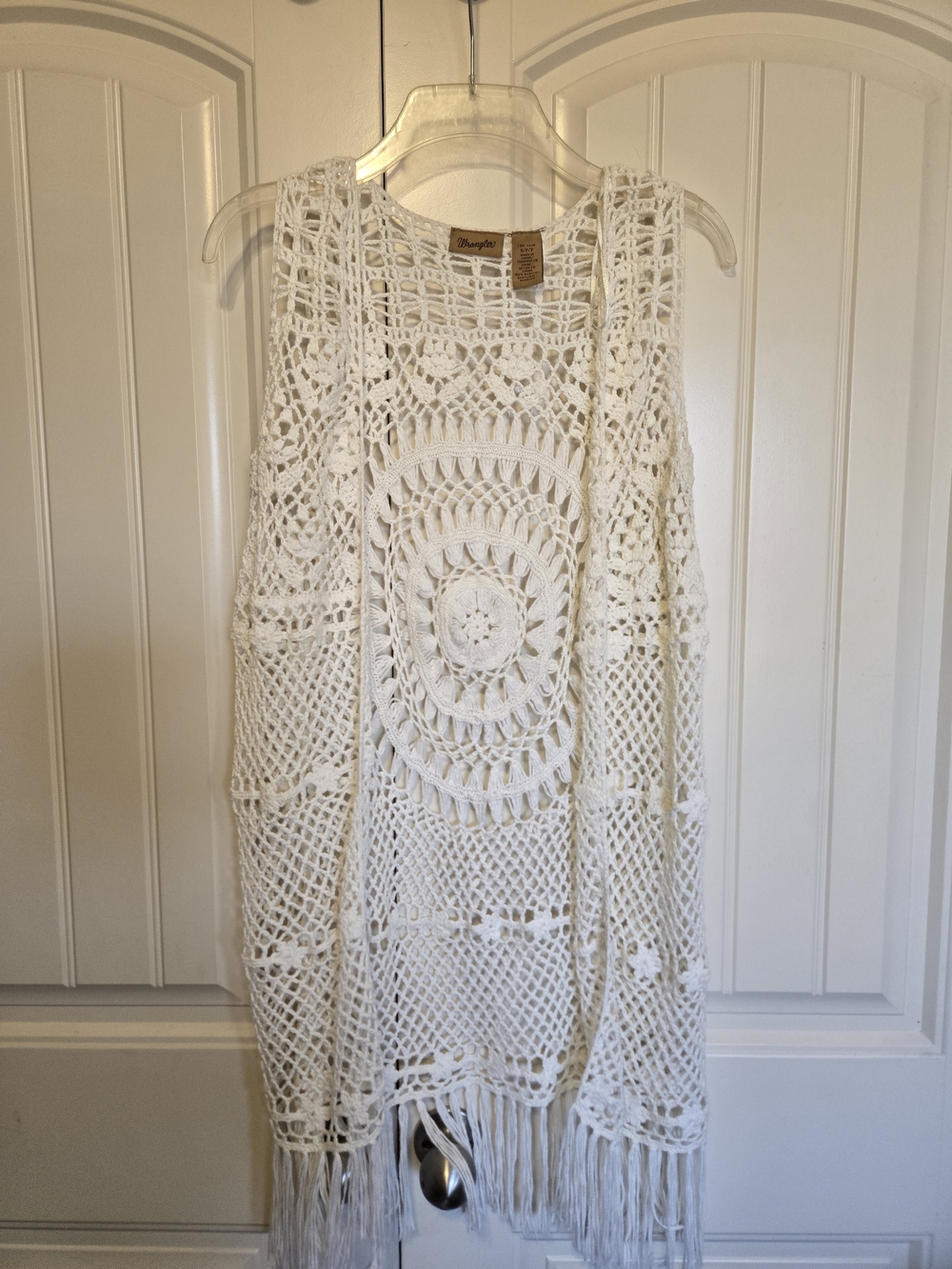 Wrangler White Crochet Open-Knit Fringe Vest